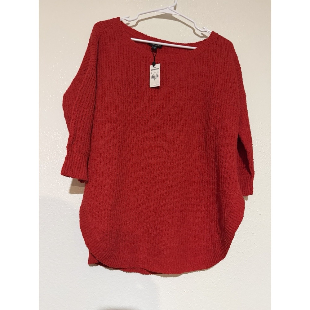 NWT Express Sweater Size Small Red‎ Knit Pullover Thermal Round Neck 3/4 Sleeve
